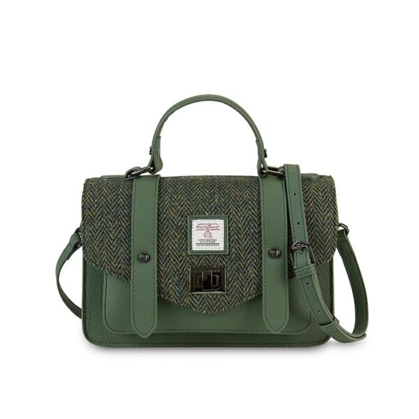 Harris Tweed Clutch, The Leather Mini Satchel, Islander, Dunkelgrünes Fischgrätmuster