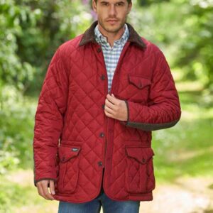 Herren Steppjacke ''Boston'' In Red Dahlia Mit Harris Tweed Applikationen