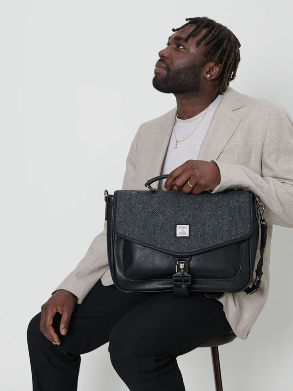 Harris Tweed Laptoptasche, Schwarz-Grau Fischgrätmuster