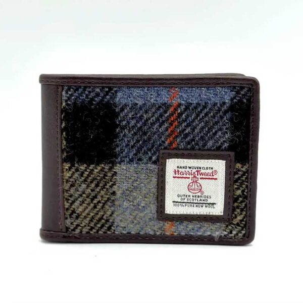 Harris Tweed zweifach faltbares Münzportemonnaie in Blau/Braun kariert