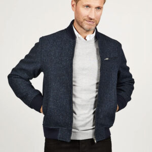 Harris Tweed Baseball Jacket Joe, Navy Herringbone