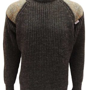 Grobstrickpullover mit Rundhalsausschnitt und Harris-Tweed-Einsätzen, Dunkelgrau, Walisisch