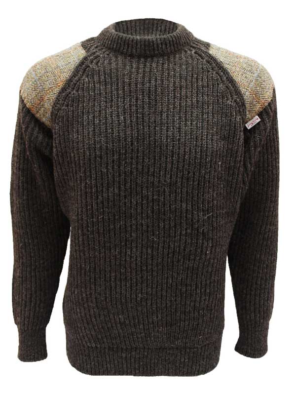 Grobstrickpullover mit Rundhalsausschnitt und Harris-Tweed-Einsätzen, Dunkelgrau, Walisisch
