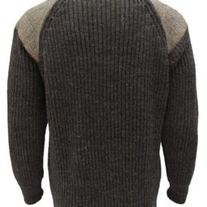 Grobstrickpullover mit Rundhalsausschnitt und Harris-Tweed-Einsätzen, Dunkelgrau, Walisisch