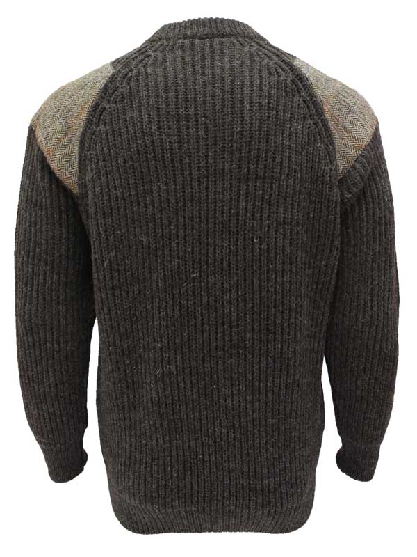 Grobstrickpullover mit Rundhalsausschnitt und Harris-Tweed-Einsätzen, Dunkelgrau, Walisisch