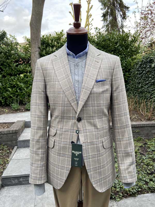 Wellington Seiden Sommer Sakko Beige Glen Check