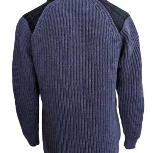 Shetland-Strickjacke mit durchgehendem Reißverschluss, Schulterpatches aus Harris Tweed und Denim