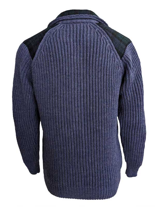 Shetland-Strickjacke mit durchgehendem Reißverschluss, Schulterpatches aus Harris Tweed und Denim