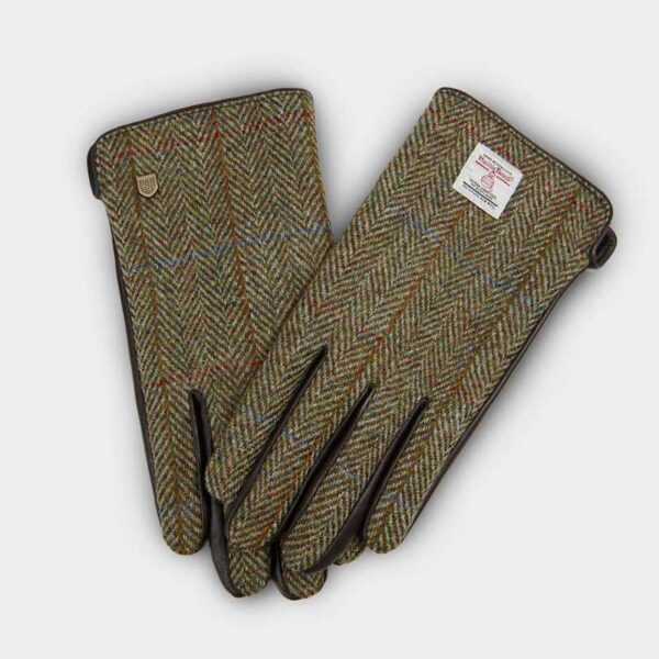 Herren Harris Tweed Handschuhe in Kastanienbraun mit Fischgrätmuster