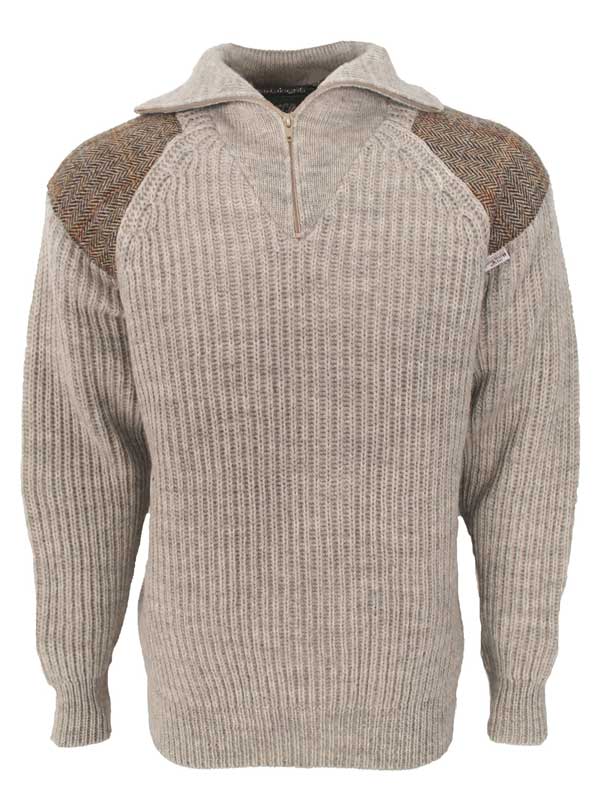 Pullover mit Reißverschluss und Harris-Tweed-Applikationen, Natur