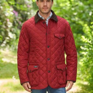 Herren Steppjacke ''Boston'' In Red Dahlia Mit Harris Tweed Applikationen