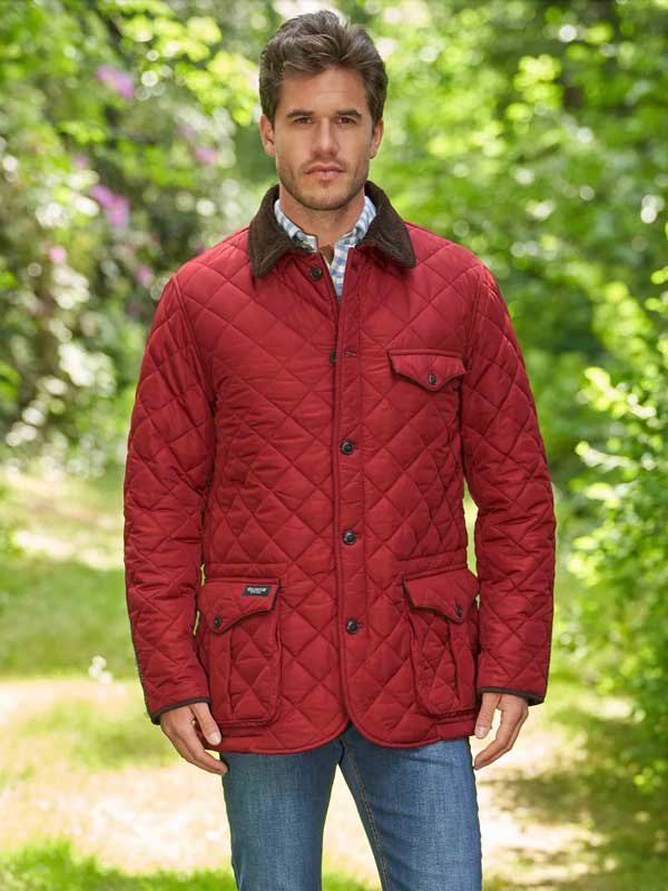 Herren Steppjacke ''Boston'' In Red Dahlia Mit Harris Tweed Applikationen