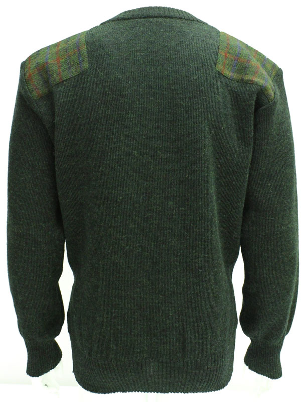 Pullover mit V-Ausschnitt und Harris-Tweed-Applikationen, Moosgrün