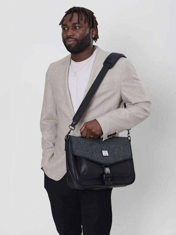 Harris Tweed Laptoptasche, Schwarz-Grau Fischgrätmuster