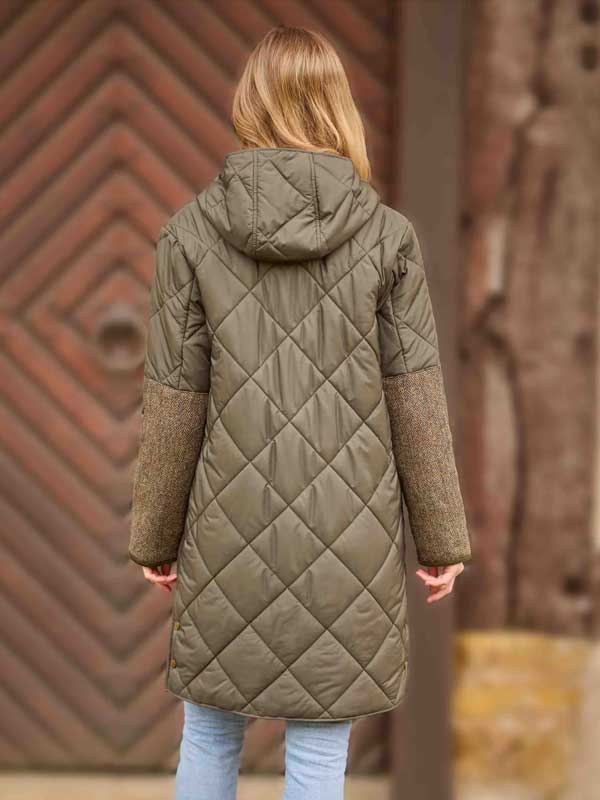 Damen Steppmantel ''Perth Polar'' Mit Polar Fleece & Tweed Applikationen In Oliv