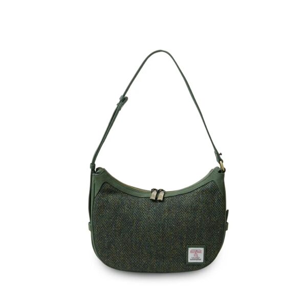 Harris Tweed Schultertasche, Modell Ellon, Islander, Dunkelgrünes Fischgrätmuster