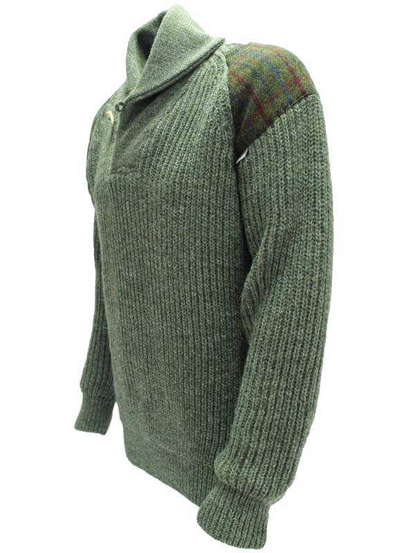 Grobstrickpullover mit Schalkragen und Harris-Tweed-Einsätzen (Derbytweed)