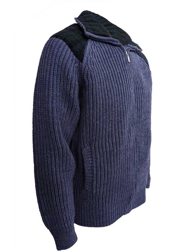 Shetland-Strickjacke mit durchgehendem Reißverschluss, Schulterpatches aus Harris Tweed und Denim