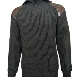Grobstrickpullover mit Viertelreißverschluss (5 Gauge) und Harris-Tweed-Einsätzen, moosgrün