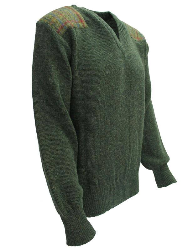 Pullover mit V-Ausschnitt und Harris-Tweed-Applikationen, Moosgrün