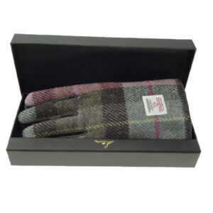 Ladies Brown Leather & Harris Tweed Gloves Boxed in Muted Green and Rose Pink Tartan