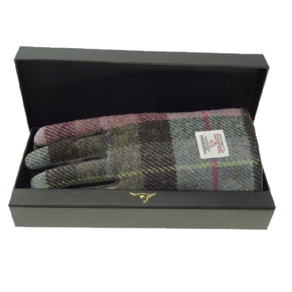 Ladies Brown Leather & Harris Tweed Gloves Boxed in Muted Green and Rose Pink Tartan