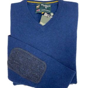 Herren Strickpullover ''Jack'' In Denim Blue Mit Harris Tweed Applikationen