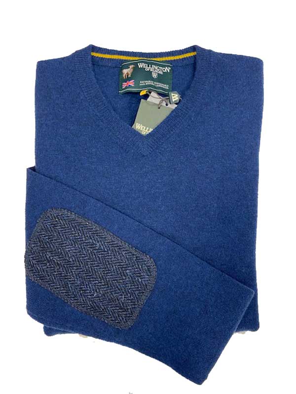 Herren Strickpullover ''Jack'' In Denim Blue Mit Harris Tweed Applikationen