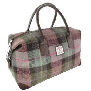 Harris Tweed 'Esk' Overnight Bag in Muted Green and Rose Pink Tartan
