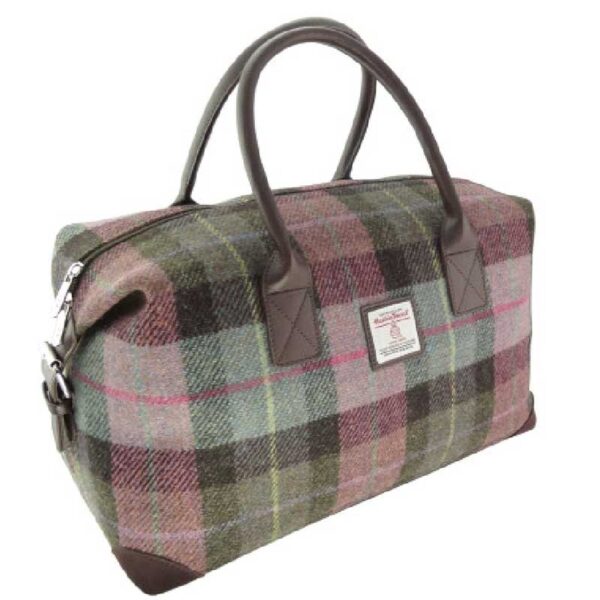 Harris Tweed 'Esk' Overnight Bag in Muted Green and Rose Pink Tartan