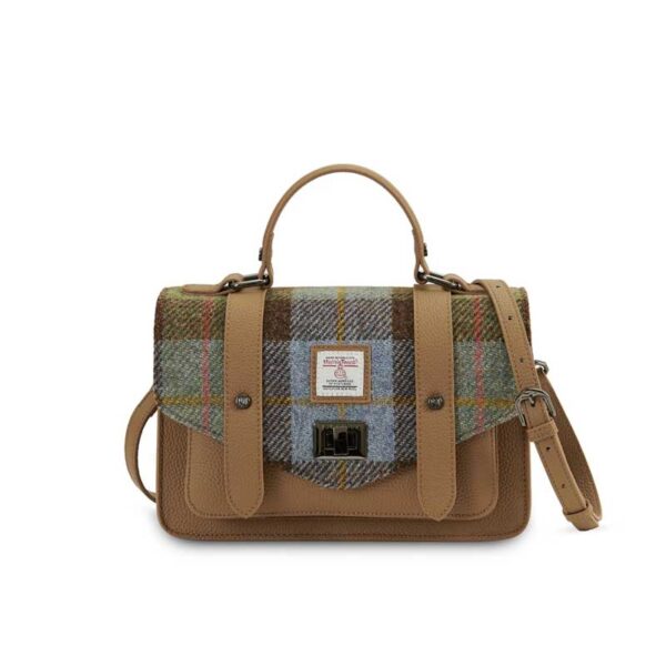 Harris Tweed Clutch, The Leather Medium Satchel, Islander, Kastanienblaues Tartan