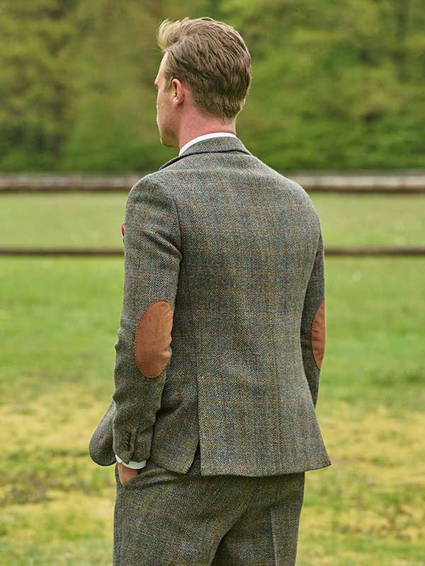 Harris Tweed Sakko ''London'' In Oliv-Blue Overcheck