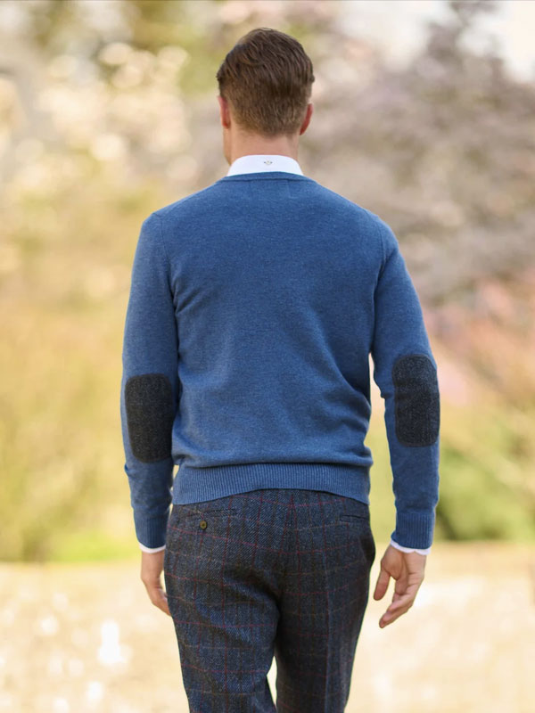 Herren Strickpullover ''Jack'' In Denim Blue Mit Harris Tweed Applikationen