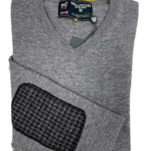 Herren Strickpullover ''Jack'' In Cloud Grey Mit Harris Tweed Applikationen