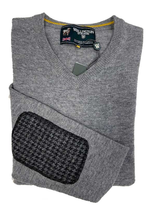 Herren Strickpullover ''Jack'' In Cloud Grey Mit Harris Tweed Applikationen