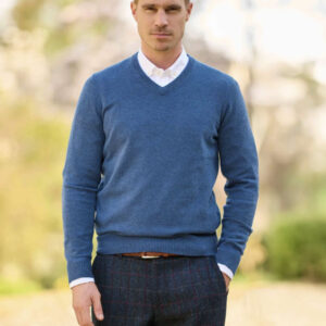 Herren Strickpullover ''Jack'' In Denim Blue Mit Harris Tweed Applikationen