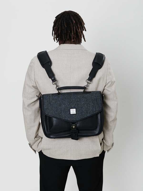 Harris Tweed Laptoptasche, Schwarz-Grau Fischgrätmuster