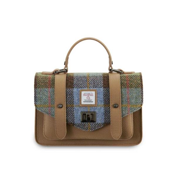 Harris Tweed Clutch, The Leather Medium Satchel, Islander, Kastanienblaues Tartan