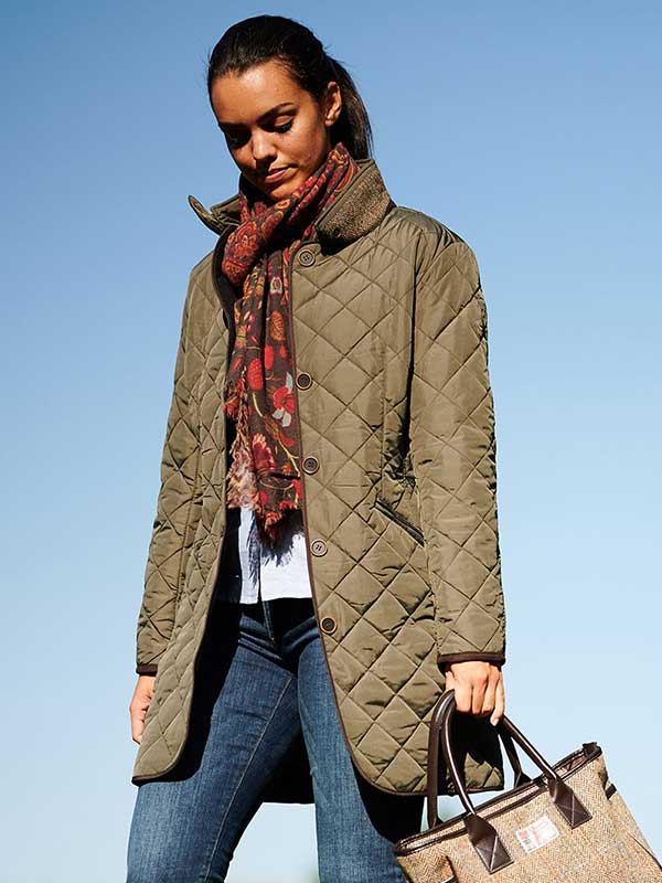 Wellington, Harris Tweed Damenmantel Stepp Mit Polarfleece Olivgrün