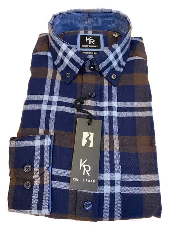 Shirt King's Road, Blauw Bruin Ruit, Zware Flannel