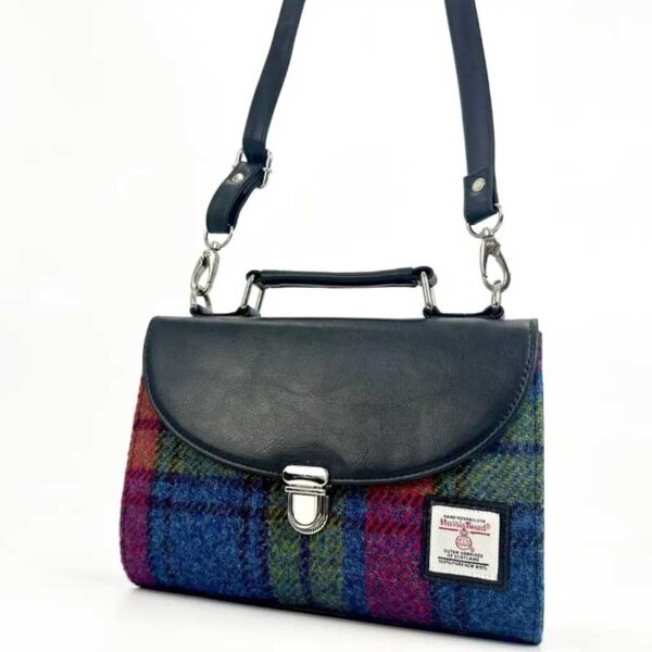 Harris Tweed Mini-Tagestasche in Blau/Rosa Karo