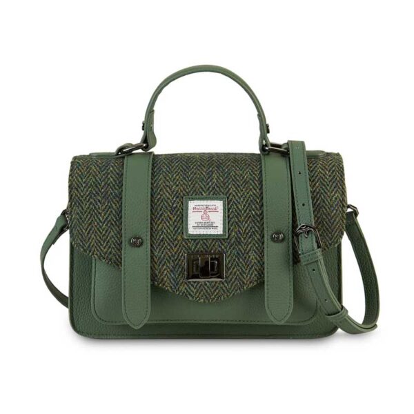 Harris Tweed Clutch, The Leather Medium Satchel, Islander, Dark Green Fischgrätmuster