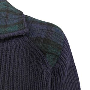 Shetland-Strickjacke mit durchgehendem Reißverschluss und Schulterpatches aus Harris Tweed, Marineblau