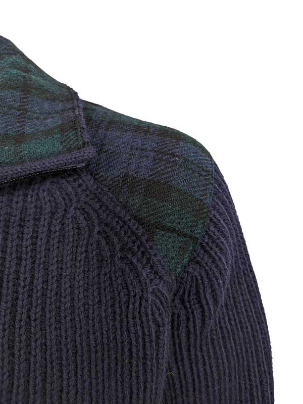 Shetland-Strickjacke mit durchgehendem Reißverschluss und Schulterpatches aus Harris Tweed, Marineblau