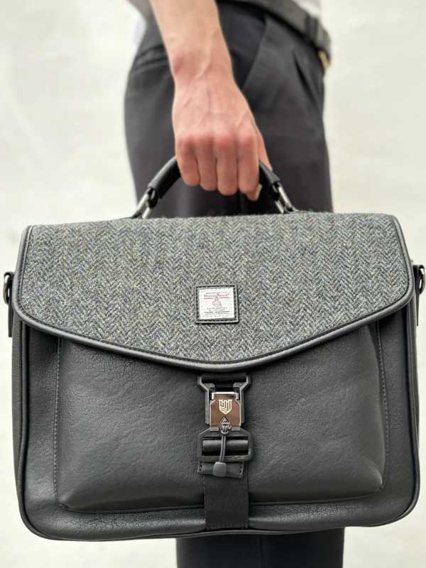 Harris Tweed Laptoptasche, Schwarz-Grau Fischgrätmuster