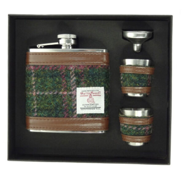 Harris Tweed Flachmann-Geschenkset in Dunkelgrün und Pflaume