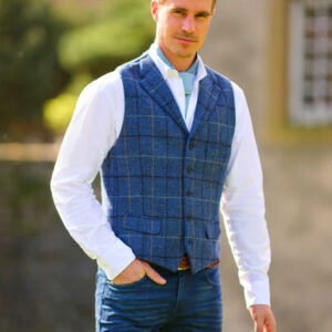 Harris Tweed Weste ''Wales'' In Blue Overcheck