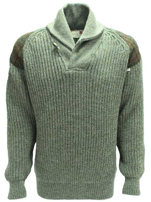 Grobstrickpullover mit Schalkragen und Harris-Tweed-Einsätzen (Derbytweed)