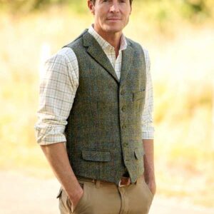Harris Tweed Weste ''Wales'' In Oliv-Blue Overcheck