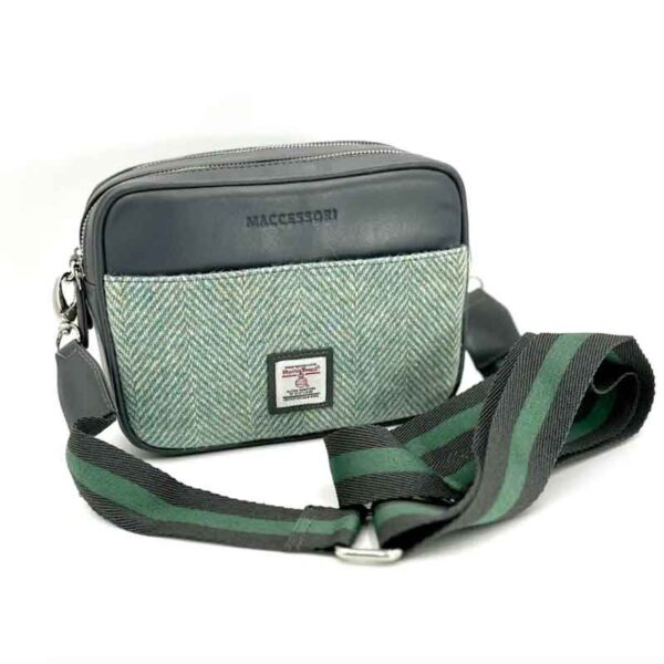 Harris Tweed Kameratasche in Türkis-Fischgrätmuster
